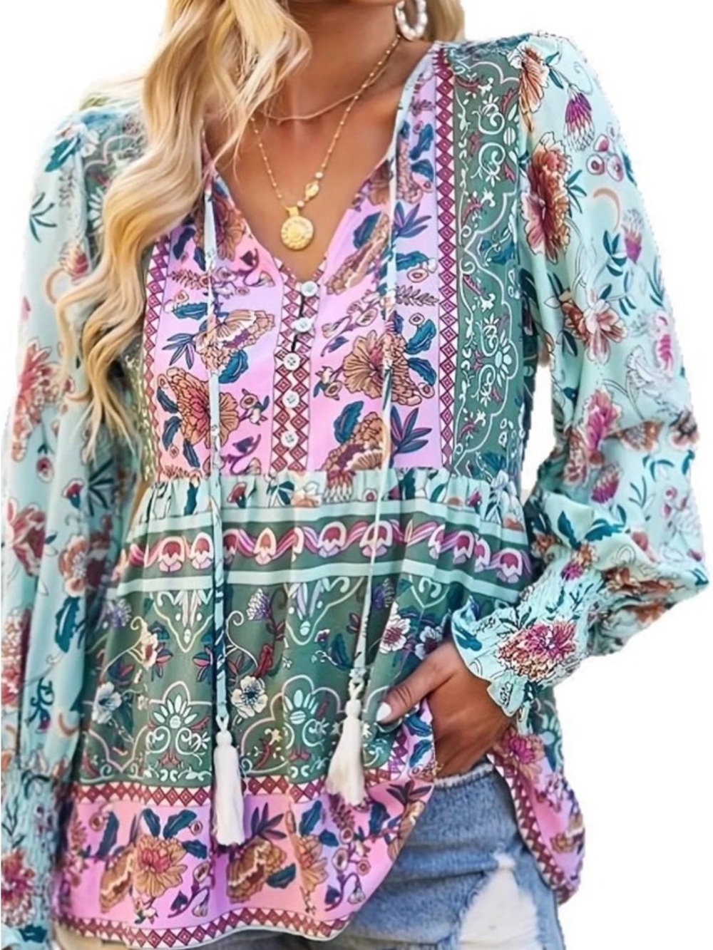 Bohemian Floral Patchwork Tunic Top - Green & Pink